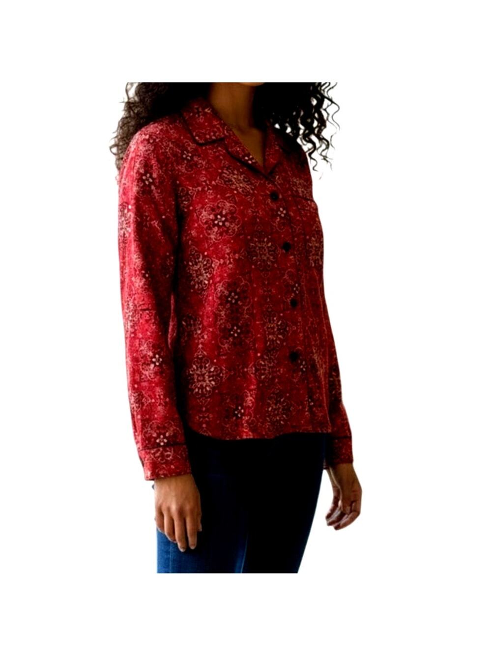 PJ Salvage Women's Medium Red Black Button Front Cozy Plain Flannel Pajama Pant